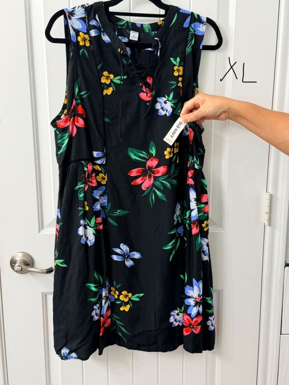 Old Navy Black Sleeveless Dress with Red, Blue & Yellow Floral Print